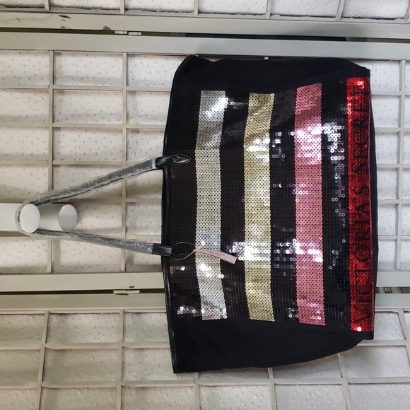 Victoria Secret black canvas with sequin embellish tote bag new - Picture 1 of 3